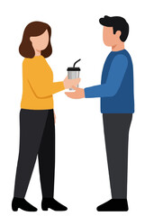 Obraz premium Hand-drawn vector icon of a woman handing over a reusable eco-friendly coffee cup to a man, depicting sustainable customer service and zero-waste lifestyle concept illustration