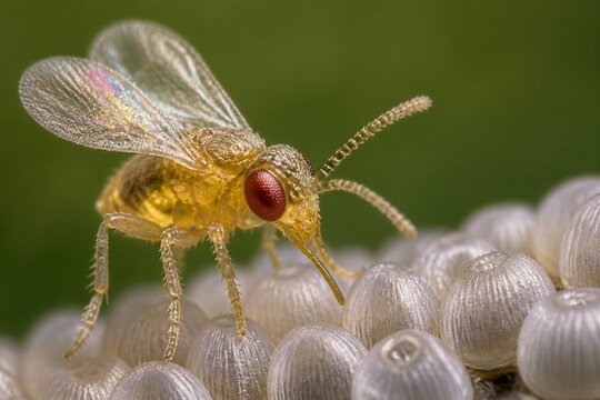 Tiny yellow parasitoid wasp perched on eggs on green leaf