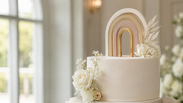 Rainbow cake topper decorates elegant white cake with fresh roses and delicate flowers in soft natural light for wedding celebration