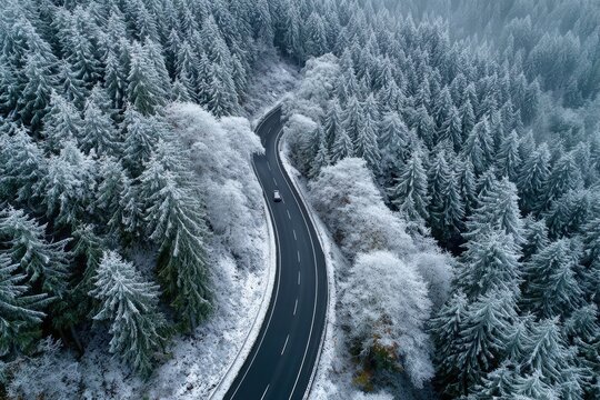 Winter road through frosted trees  serpentine landscape