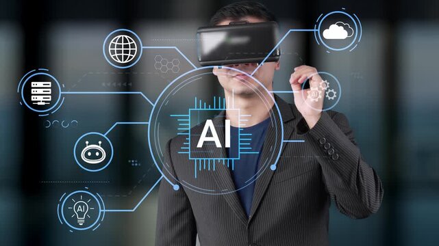 Businessman Using Virtual Reality Headset to Explore Artificial Intelligence Concepts and Data Connectivity in a Modern Office Environment. Entropy.