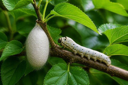 Silkworm caterpillar resting beside cocoon on leafy branch