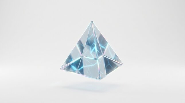 Floating translucent blue glass pyramid on white background. Transparent crystal tetrahedron with refraction effects. Abstract 3D geometric shape set with copy space.