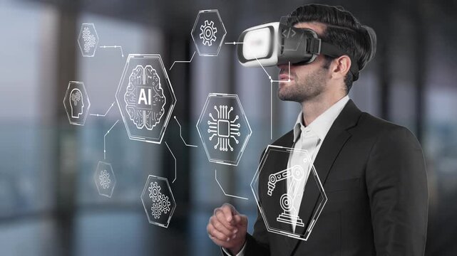 Businessman using virtual reality technology to explore artificial intelligence concepts in a futuristic office environment, showcasing innovation and technology. Entropy.