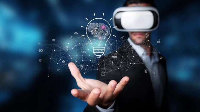 A businessman wearing virtual reality glasses presents a futuristic concept of innovation with a glowing light bulb surrounded by digital connections, symbolizing creativity. Raster