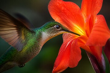 Naklejka premium Hummingbird feeding from red flower in tropical closeup
