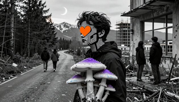 Heart-Eyed Figure Amid Urban Ruin and Forest Path