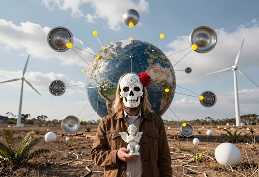 Day of the Dead Mask with Angel Statue and Global Network Concept