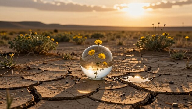 Surreal Desert Sunset with Glass Orb Containing Wildflowers on Cracked Earth