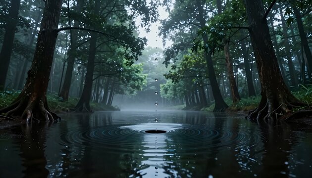 Misty Forest Pond with Falling Water Droplets