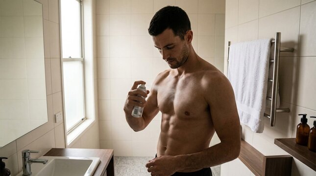 Shirtless muscular man spraying clear deodorant on bare chest in modern white tiled bathroom with soft window light, grooming routine, hygiene, body care, lifestyle portrait