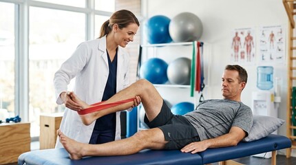 Fototapeta premium Female physiotherapist in white coat assisting male patient on treatment table using resistance band during leg rehabilitation session in clinic