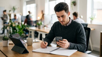 Fototapeta premium Focused young male employee sitting at desk holding smartphone in one hand while taking notes in a spiral notebook, multitasking at modern creative open-plan coworking office with tablet and coffee
