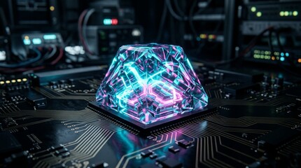 Fototapeta premium Futuristic faceted crystal processor glowing with cyan and magenta neon light on dark circuit board, advanced AI technology concept