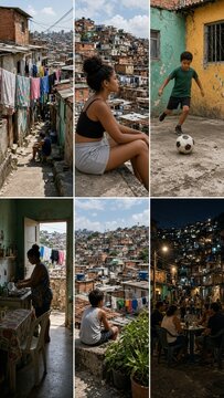 Vertical urban lifestyle photo montage depicting everyday life in vibrant Brazilian favela with diverse community interactions and atmospheric settings for cultural storytelling