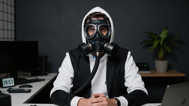 Man in Gas Mask at Office Desk