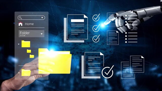 Futuristic interface showing robotic hand interacting with documents and digital folders indicating file organization and artificial intelligence elements Gluon.
