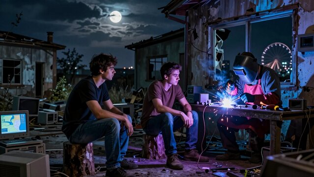 Nighttime Welding Workshop with Technicians in Abandoned Industrial Setting