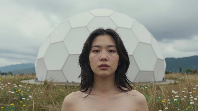 Portrait of a woman in front of a geodesic dome structure in a wildflower field