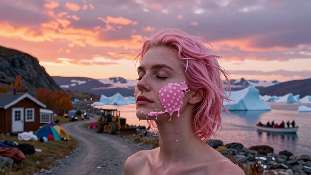 Pink-Haired Figure with Melting Heart in Arctic Sunset Landscape