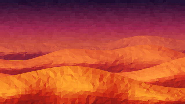 Low poly desert landscape with dunes under dusk sky