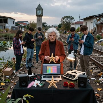 Elderly Woman With Starfish Amidst Technology and Youth on Railway Tracks