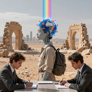 AI Humanoid in Desert Ruins with Business Meeting