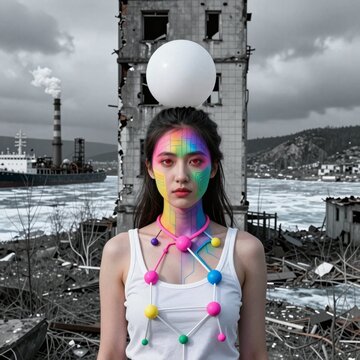 Cyberpunk Figure with Rainbow Face Paint Against Abandoned Industrial Ruins