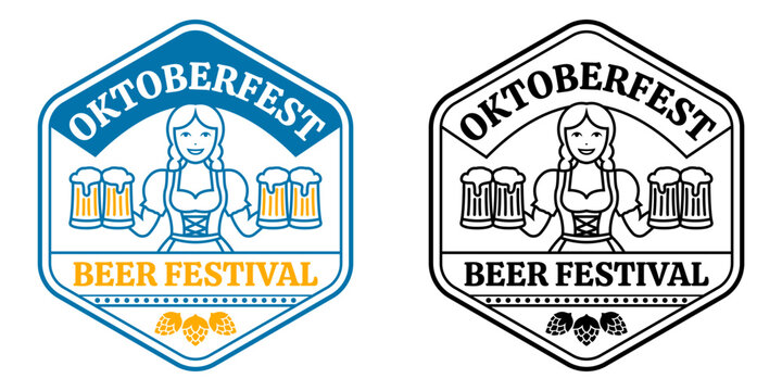 Oktoberfest logo, label or badge with waitress, serving beer mugs. Octoberfest, beer festival design. Woman holds mugs of beer in her hands. Vector illustration.