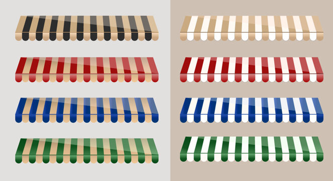 Striped shop awning vectors set, colorful outdoor store tent canopies illustration