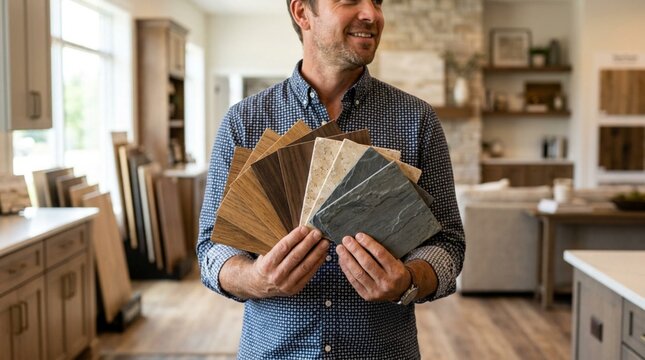 Smiling designer holding fanned flooring samples in oak, walnut, travertine, marble textures inside bright kitchen showroom with cabinetry displays and wood accents