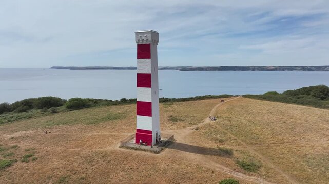 Gribbin Daymark over Gribbin Head from a drone, Fowey Estuary, Fowey, Cornwall, England
