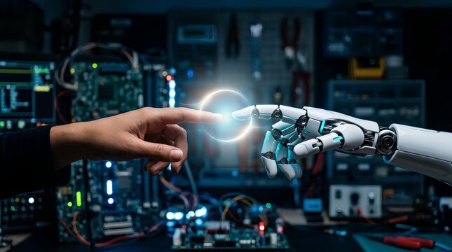 Human hand reaching toward sleek white humanoid robot hand with fingertips almost touching, set against high-tech computer motherboard circuit background, futuristic AI collaboration concept