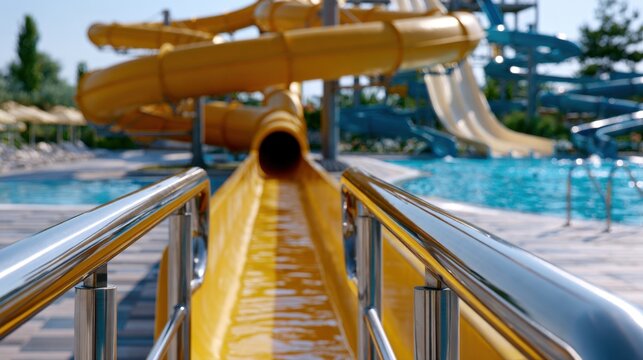 View down a bright yellow enclosed water slide leading into a pool with other water slides and clear blue water on a sunny day at a water park