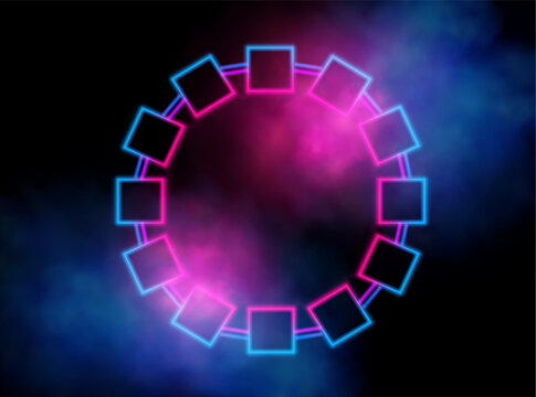 Futuristic neon chain of glowing squares forming a circle on abstract smoky space background vector illustration