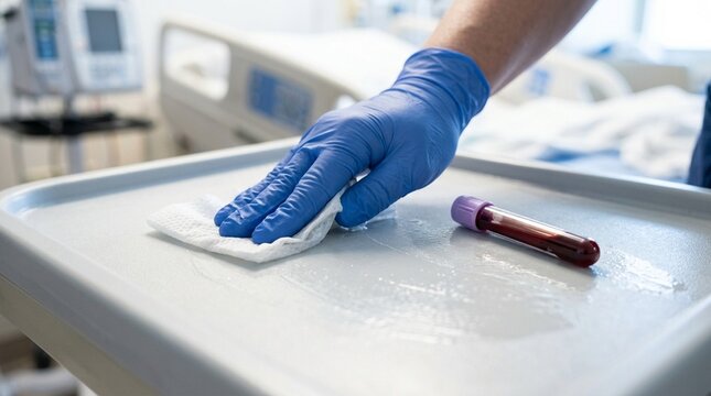 Specimen collection area surface wiped down immediately after a bedside blood draw, hospital bed sanitation and infection control