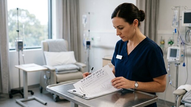 Chemotherapy ward worker double-checking a cleaning checklist before a patient arrival, hospital cleaning compliance and quality assurance