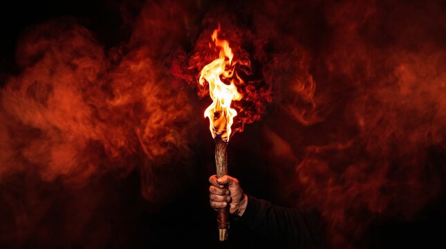 Hand holding burning torch with vibrant flames and smoke against dark background, symbolizing light, hope, and guidance in abstract fiery scene.