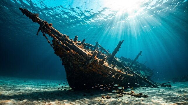 Sunbeams penetrating blue water onto ancient shipwreck on sandy seabed, revealing decaying wooden hull and small fish swimming around underwater ruins.