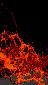 Grey volcanic peak erupts, sending orange lava and mist upward, then cascading down, against a black background from low angle.