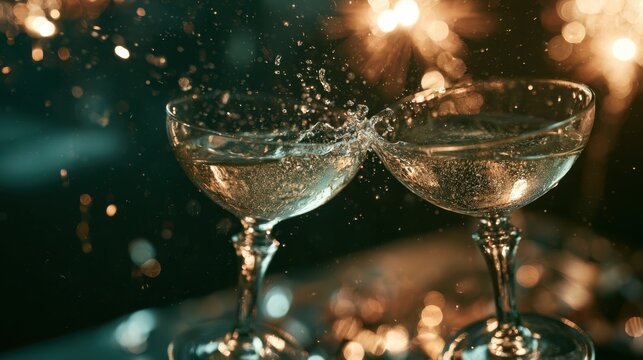 Premium commercial lifestyle food photography of luxury vintage crystal champagne coupes clinking in a midnight toast with fireworks bokeh