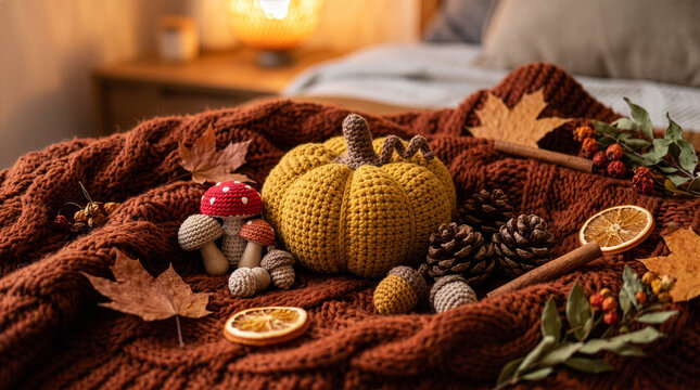Crocheted pumpkin and mushrooms on cozy knit autumn blanket
