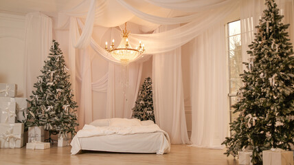 Naklejka premium Elegant Christmas bedroom with festive trees and gifts, creating a cozy holiday atmosphere