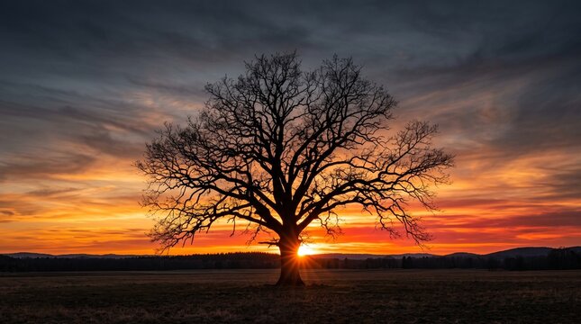 Stately oak tree silhouette stands in open field against dramatic orange sunset sky with sunburst rays filtering through dark branches at horizon level landscape.