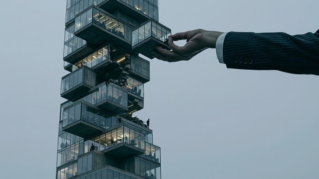 Businessman removing office block from Jenga skyscraper. Hand carefully extracting a building block from a precarious corporate Jenga tower
