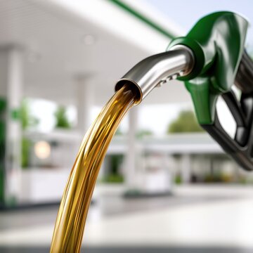 Fuel flowing smoothly from a green fuel pump nozzle at a modern service station with blurred background for automotive refueling concepts