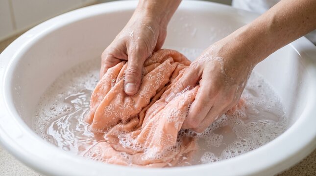 Person washing delicate peach colored fabric garment in white bowl filled with soapy water for manual laundry cleaning process in bright residential home room.