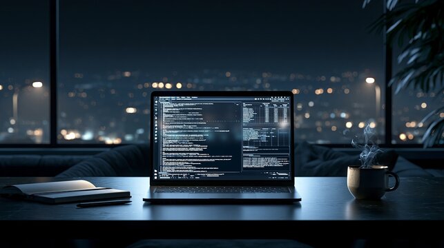 Laptop displaying code on desk with urban night view. Laptop screen showing code on a desk at night, with a steaming mug and city lights