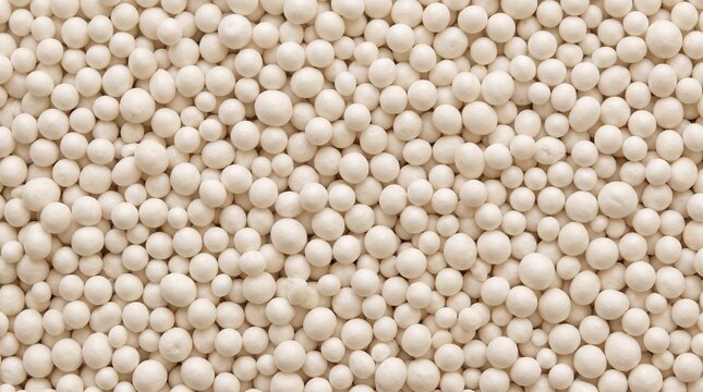 White round pellets close up background with many small balls, full frame high angle view of plastic granulate material.