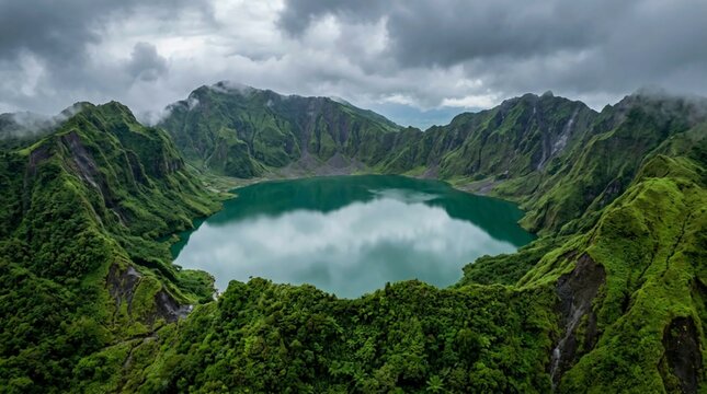 Lush green volcanic crater lake reflecting dramatic cloudy sky after heavy rain, aerial panoramic view of tropical mountain caldera with vibrant vegetation and misty peaks